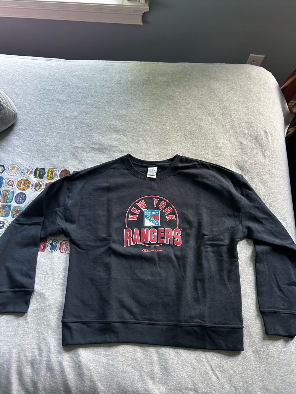 Champion Black New York Rangers Crewneck Sweatshirt with Red Logo